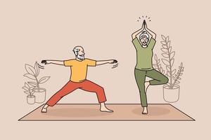 mode de vie actif sain du concept de personnes âgées. souriant couple de personnes âgées femme et homme pratiquant le yoga sur un tapis de fitness à la maison ensemble illustration vectorielle vecteur