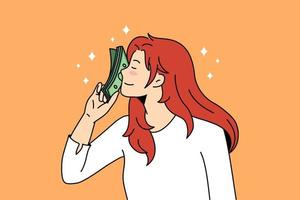 concept de profit financier et de salaire. jeune femme souriante debout touchant le visage avec un tas d'argent vert se sentant jouissance illustration vectorielle vecteur