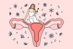 concept de santé du système reproducteur féminin. petite dent positive jolie femme assise sur un énorme utérus féminin sain se sentant confiant illustration vectorielle vecteur