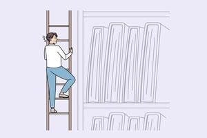 recherche d'informations et de connaissances. homme souriant grimpant sur une échelle essayant d'atteindre l'étagère du haut pour prendre des documents ou des livres illustration vectorielle vecteur