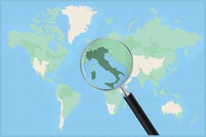 carte du monde avec une loupe sur une carte de l'italie. vecteur