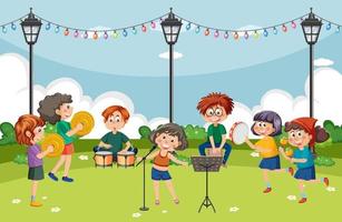 groupe de musique pour enfants jouant au parc vecteur