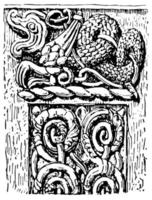 grotesque et volutes à l'église de shobdon, gravure vintage. vecteur