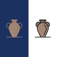 culture grèce histoire nation vase icônes plat et ligne remplie icône ensemble vecteur fond bleu