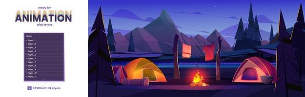 camp de nuit avec tentes, couches pour animation de jeux vecteur