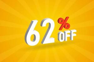 62 % de réduction sur la conception de campagnes promotionnelles spéciales 3d. 62 sur l'offre de réduction 3d pour la vente et le marketing. vecteur