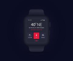 montre-bracelet smartwatch boussole application ui ux gui, application carte gps sur la navigation à l'écran, regarder la météo, boussole d'application pour navigateur, carte d'application, technologie de navigation nord ouest sud est, illustration vectorielle vecteur