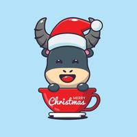 mignon buffle portant un bonnet de noel dans une tasse. illustration de dessin animé de noël mignon. vecteur