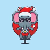 éléphant mignon transportant un cadeau de noël avec une moto. illustration de dessin animé de noël mignon. vecteur