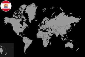 épinglez la carte avec le drapeau de la polynésie française sur la carte du monde. illustration vectorielle. vecteur