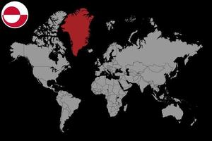 épinglez la carte avec le drapeau du groenland sur la carte du monde. illustration vectorielle. vecteur
