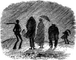 groupe de personnes marchant à travers une tempête de pluie, illustration vintage. vecteur