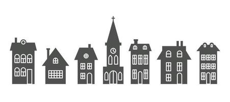 silhouette de cottages et église dans le quartier. ensemble de maisons sur rue de banlieue. gîtes de campagne. illustration vectorielle de glyphe. vecteur