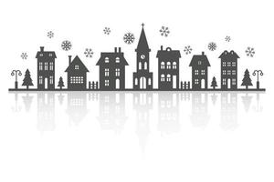 paysage d'hiver de quartier de banlieue. silhouette de maisons et d'église sur l'horizon avec des flocons de neige. maisons de campagne. illustration vectorielle de glyphe. avec réflexion vecteur