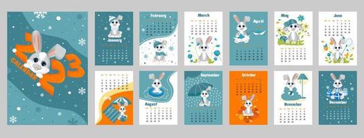 calendrier 2023 avec symbole de l'année lièvre ou lapin. mignon petit lièvre ou lapin en style cartoon. la semaine commence le lundi. vecteur