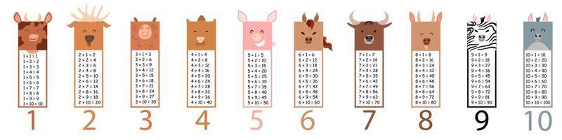 table de multiplication avec des animaux carrés. marque-pages ou autocollants imprimés avec de jolis animaux kawaii. vecteur