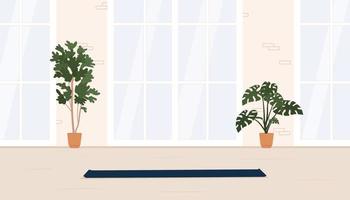 studio de yoga vide avec fenêtre panoramique et plantes en pots avec parquet et tapis de yogi. illustration vectorielle vecteur