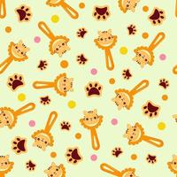 modèle sans couture avec hochet bébé tigre. motif pour enfants sur les textiles. fond jaune doux pour enfants vecteur