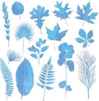 ensemble de feuilles d'aquarelle, clipart de feuilles bleues vecteur