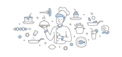 chef avec plat sous couvercle cloche, concept doodle vecteur