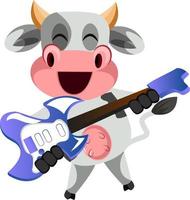 Vache avec guitare, illustration, vecteur sur fond blanc.