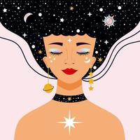 belle femme avec des étoiles dans les cheveux. fille avec un maquillage lumineux. astrologue. lune et constellation. Cosmos. galaxie. vecteur