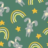 lapin mignon, lapin, pâques, étoiles et motif harmonieux d'arc-en-ciel de couleur tendance. dessiné à la main. papier peint pour enfants, textiles, décoration. vert, gris, jaune d'or vecteur