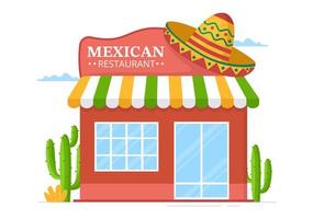 restaurant de cuisine mexicaine avec divers tacos de cuisine traditionnelle délicieuse, nachos et autres sur illustration de modèles dessinés à la main de dessin animé plat vecteur