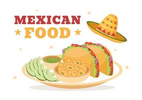 restaurant de cuisine mexicaine avec divers tacos de cuisine traditionnelle délicieuse, nachos et autres sur illustration de modèles dessinés à la main de dessin animé plat vecteur
