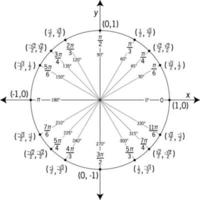 cercle unitaire étiqueté avec des angles et des valeurs spéciaux, illustration vintage vecteur