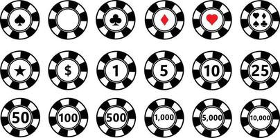 Jeu de puces de pièces de casino sur fond blanc. signe de jetons de poker. la valeur 5,10,25,50,100,500,1000. style plat. vecteur