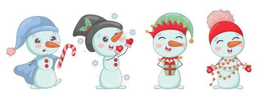 ensemble de bonhommes de neige de dessin animé mignon dans des chapeaux et des écharpes tricotés avec des cadeaux de noël, des flocons de neige, du houx, habillés comme des personnages du nouvel an vecteur