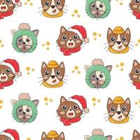 modèle sans couture avec têtes de chats de noël, illustrations de joyeux noël de chats mignons avec des accessoires tels que des chapeaux et des écharpes tricotés vecteur