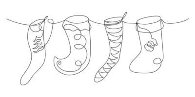 accrocher différentes chaussettes de noël drôles dans un style doodle. croquis de vacances. art de dessin au trait continu. minimal. illustration vectorielle mignonne dessinée par une ligne. vecteur