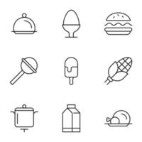 collection d'icônes de lignes vectorielles isolées pour les sites Web, les publicités, les articles, les magasins, les magasins. traits modifiables. signes de bol avec cloche, oeuf, burger, bonbons, crème glacée, maïs vecteur