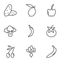 collection d'icônes de lignes vectorielles isolées pour les sites Web, les publicités, les articles, les magasins, les magasins. traits modifiables. signes de pomme de terre, citron, poivron, brocoli, piment, olive vecteur