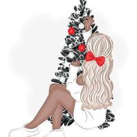 fille à la mode le soir de noël, illustration vectorielle à la modefille à la mode le soir de noël avec un sapin de noël, illustration vectorielle à la mode vecteur