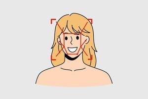 portrait en tête d'une jeune femme caucasienne souriante avec ferme sur le visage utiliser l'application de détection d'émotion. fille heureuse utilisation de l'application sur l'appareil photo du smartphone moderne. La technologie. illustration vectorielle. vecteur