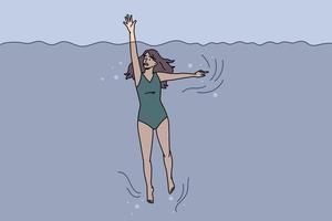 une jeune femme anxieuse panique se noyant dans l'eau pendant les vacances d'été. une fille inquiète et stressée demande de l'aide pour aller sous l'eau en vacances. activité marine et concept de danger. illustration vectorielle. vecteur