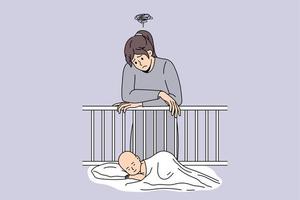 malheureuse jeune femme près de lit bébé pensant aux prises avec la dépression post-partum. une mère fatiguée et bouleversée souffre de problèmes mentaux émotionnels psychologiques après la grossesse. illustration vectorielle. vecteur