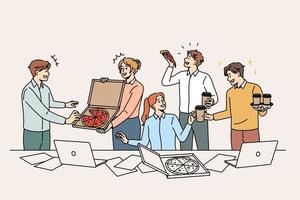 fête d'entreprise et concept de célébration. groupe de jeunes collègues travailleurs mangeant de la pizza buvant du café au bureau pendant l'illustration vectorielle de fête vecteur