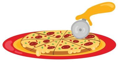 couteau à pizza avec pizza sur assiette. illustration vectorielle dessinés à la main. adapté au site Web, aux autocollants, aux cartes-cadeaux. vecteur