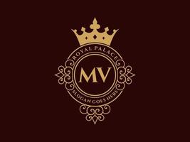 lettre mv logo victorien de luxe royal antique avec cadre ornemental. vecteur