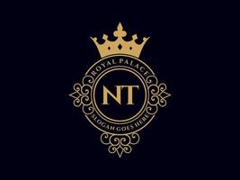 lettre nt logo victorien de luxe royal antique avec cadre ornemental. vecteur