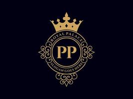 lettre pp logo victorien de luxe royal antique avec cadre ornemental. vecteur