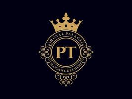 lettre pt logo victorien de luxe royal antique avec cadre ornemental. vecteur