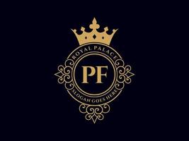 lettre pf logo victorien de luxe royal antique avec cadre ornemental. vecteur