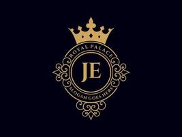 lettre je logo victorien de luxe royal antique avec cadre ornemental. vecteur