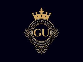 lettre gu logo victorien de luxe royal antique avec cadre ornemental. vecteur
