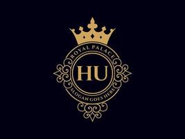 lettre hu logo victorien de luxe royal antique avec cadre ornemental. vecteur